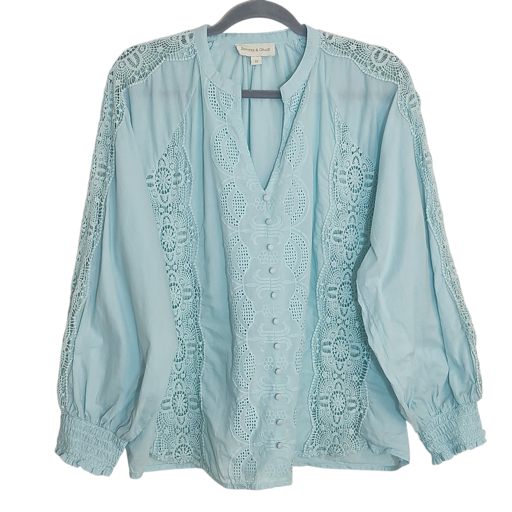 Jennifer & Grace Light Blue Blouse with Crochet Lace Size 1X